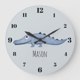 Boys Blue Watercolor Crocodile Safari Name Nursery Large Clock
