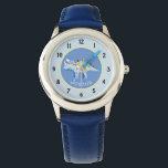 Boys Blue Watercolor Dinosaur and Name Kids Watch<br><div class="desc">This cute and whimsical design features a hand painted blue and gold watercolor dinosaur with a blue background,  and can be personalised with your boy's name. Perfect for any dinosaur loving kid's first watch. Check out our store for other gorgeous designs!</div>