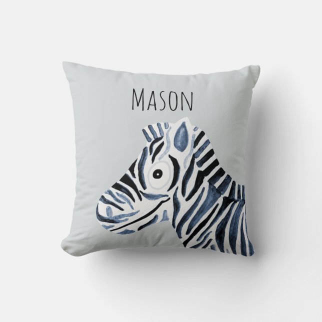 Boy's Blue Watercolor Zebra Safari Baby Nursery Cushion (Front)