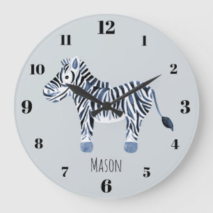 Boy's Blue Watercolor Zebra Safari Nursery Name Large Clock