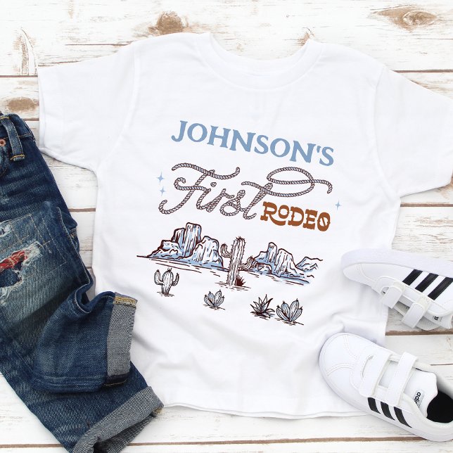 Boys Blue Western Desert First Rodeo 1st Birthday Baby T-Shirt (Boys First Rodeo Birthday Party T-shirt, Boys First Birthday T-shirt, Western Themed First Birthday )