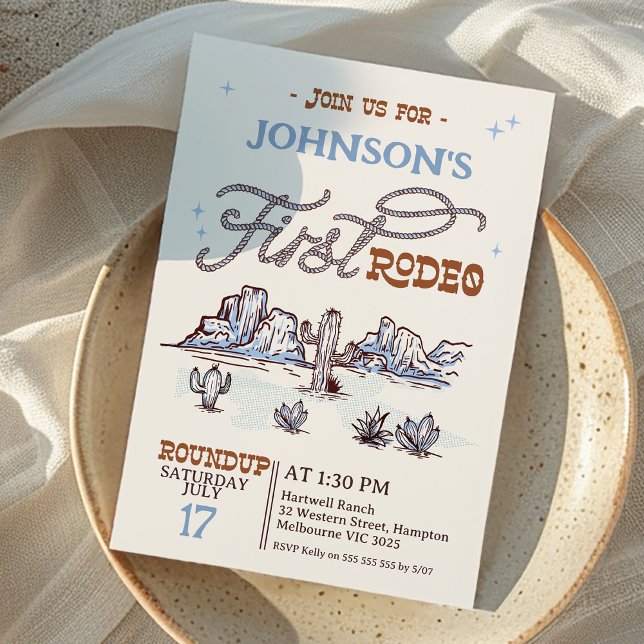 Boys Blue Western Desert First Rodeo 1st Birthday Invitation (Boys Retro First Rodeo 1st Birthday Invitation, First Rodeo Birthday Invitation, Cowboy Western )