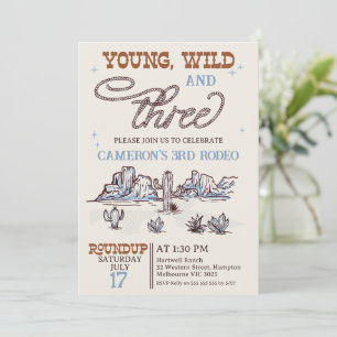Boys Blue Western Young Wild Three 3rd Birthday Invitation