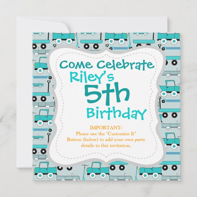 Boys Blue Wheels Retro Scooters Cars Wagons Trucks Invitation (Front)