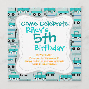 Boys Blue Wheels Retro Scooters Cars Wagons Trucks Invitation