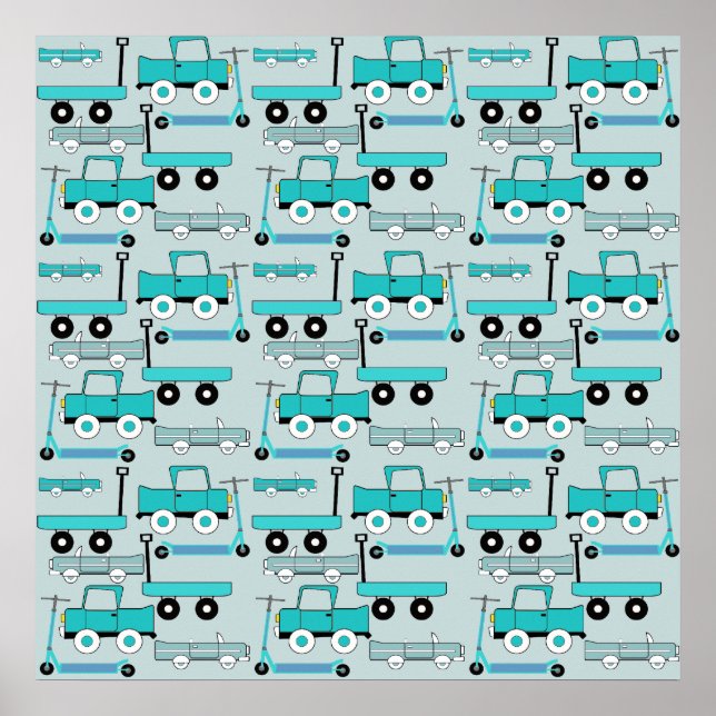 Boys Blue Wheels Retro Scooters Cars Wagons Trucks Poster (Front)