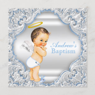 Boys Blue White Angel Boy Baby Baptism Invitation
