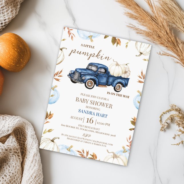 Boys Blue White Fall Pumpkin Truck Baby Shower Invitation (Boys Little Pumpkin Baby Shower Invitation Template, Editable Fall Pumpkin Truck Baby Shower Invite)