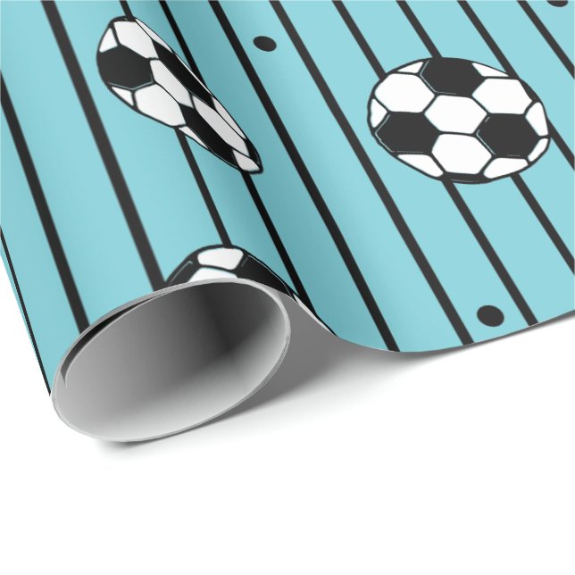 Boys Blue White Stripes Footballs Soccer Fan Wrapping Paper (Roll Corner)
