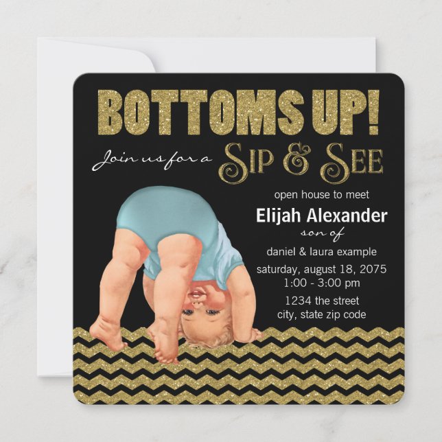 Boys Bottoms Up Sip and See Invitation (Front)