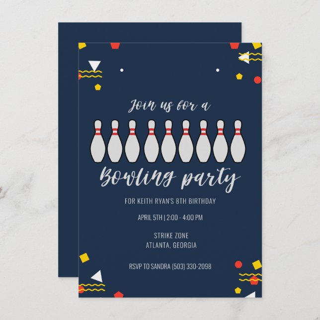 Boys Bowling Theme Kid Birthday Party Invitations (Front/Back)