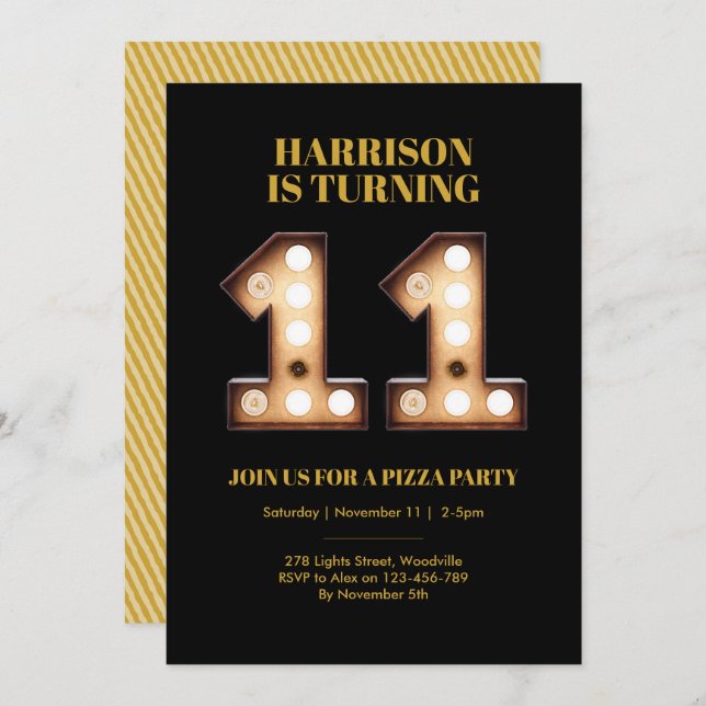 Boys Bright lights 11th birthday invitation (Front/Back)
