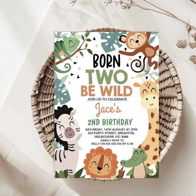 Boys Brown Green Born Two Be Wild 2nd Birthday Invitation (Born Two Be Wild 2nd Birthday Invitation Template Boy, Safari Animals 2nd Birthday Invitation, )