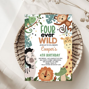 Boys Brown Green Four Ever Wild 4th Birthday Invitation