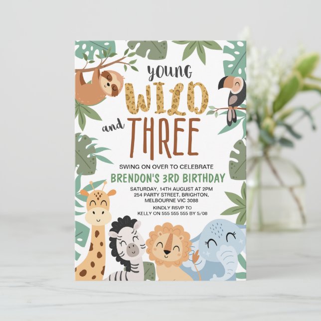 Boys Brown Green Young Wild Three 3rd Birthday Invitation (Standing Front)