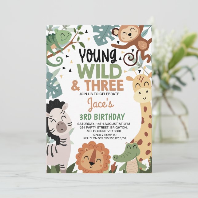 Boys Brown Green Young Wild Three 3rd Birthday Invitation (Standing Front)