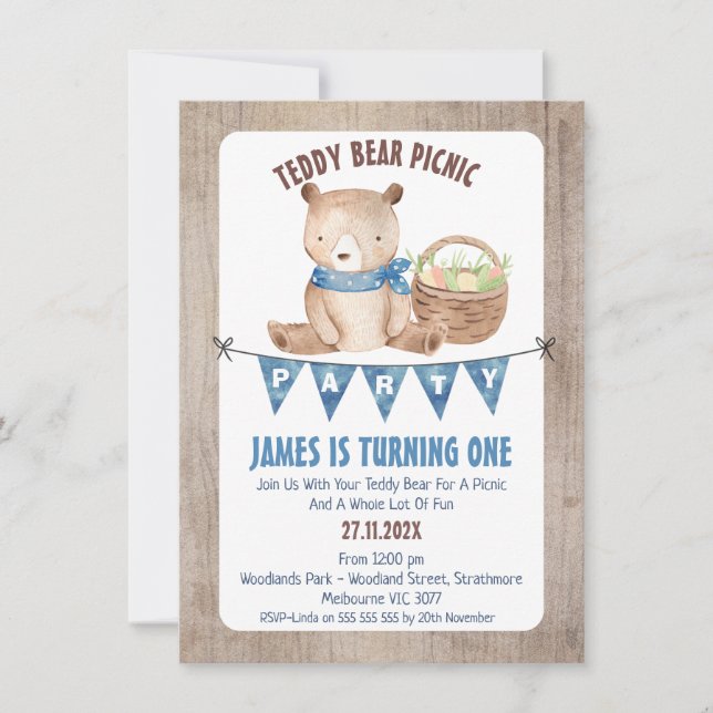Boys Bunting Teddy Bear Picnic 1st Birthday Invitation (Front)