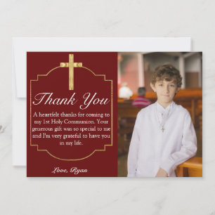 Boys Burgundy Gold Cross 1st Communion Thank You