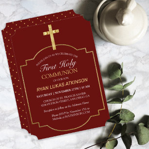 Boys Burgundy Gold Cross 1st Holy Communion Invitation