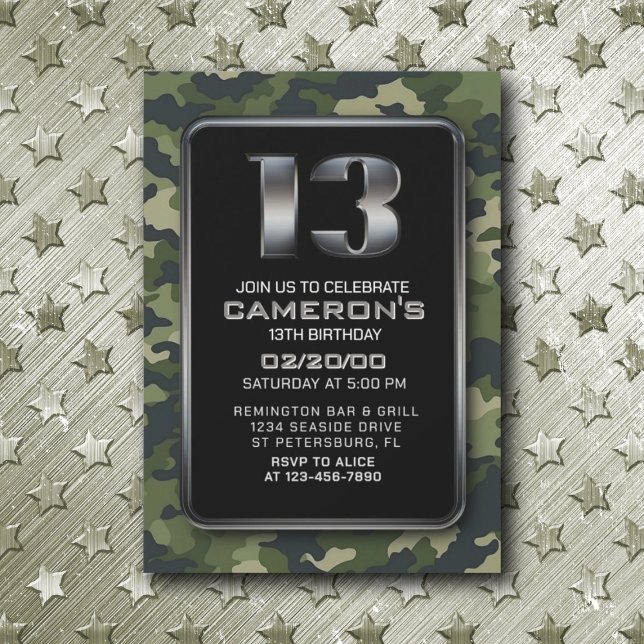 Boys Camo Hunting Army 13th Birthday Invitation (Creator Uploaded)