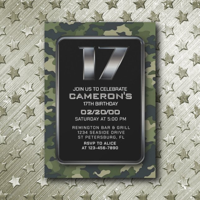 Boys Camo Hunting Army 17th Birthday Invitation (Creator Uploaded)