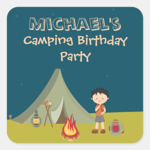 Boy's camping birthday party personalised stickers