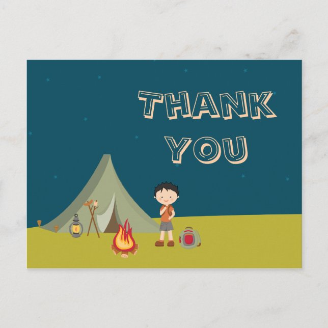 Boy's camping birthday party thank you cards (Front)