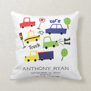Boys Cars & Trucks Baby Birth Stats Pillow