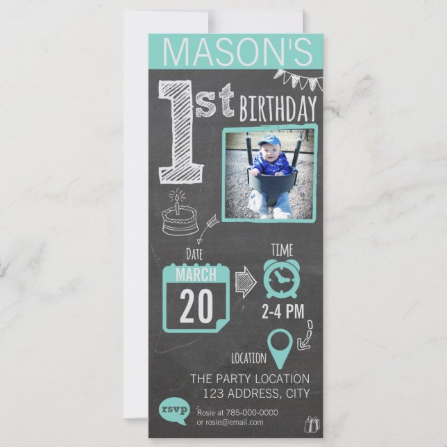 Boy's Chalkboard 1st Birthday Invitation (Front)