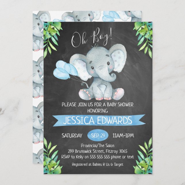 Boys Chalkboard Elephant Baby Shower Invitation (Front/Back)