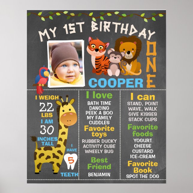 Boys Chalkboard Safari Themed Milestone Poster (Front)