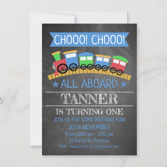 Boys Chalkboard  Train Birthday Party Invitation (Front)