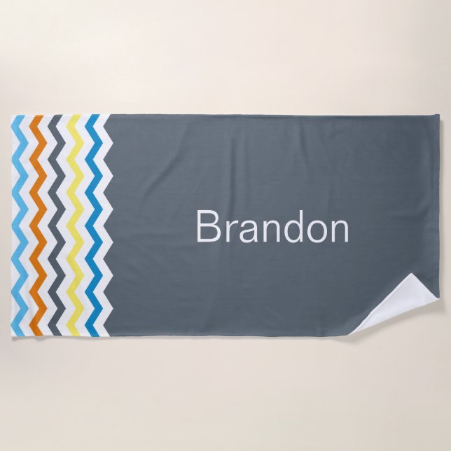 Boys Chevron Grey Blue Orange Pattern Personalised Beach Towel (Front)