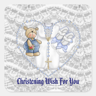 Boys Christening Bear Square Sticker