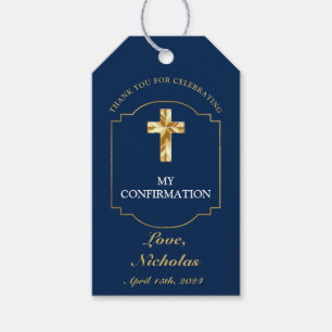 Boys Classic Navy Blue Gold Confirmation Thank You Gift Tags
