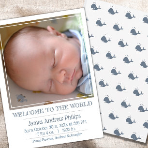 Boys Classic Square Photo Simple Birth Announcement