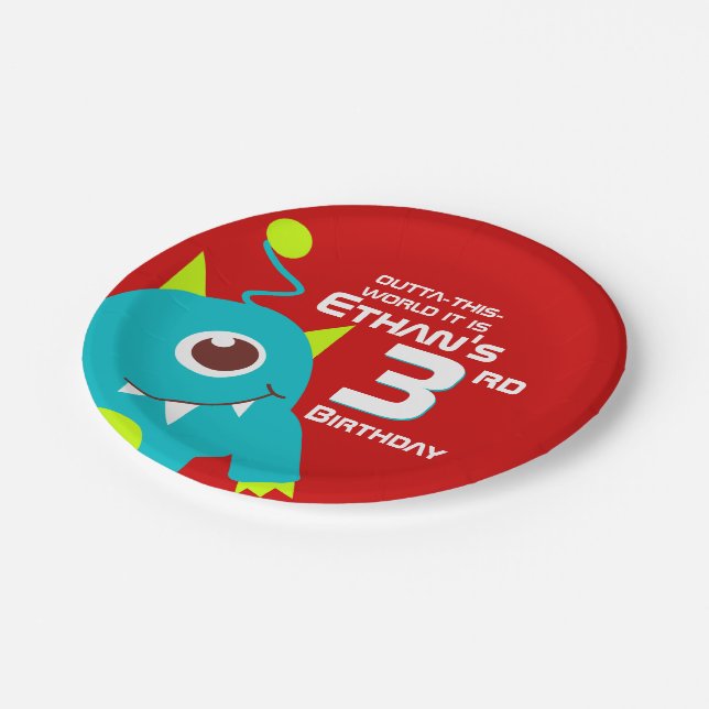Boys colourful alien 3rd birthday customised plate (Angled)
