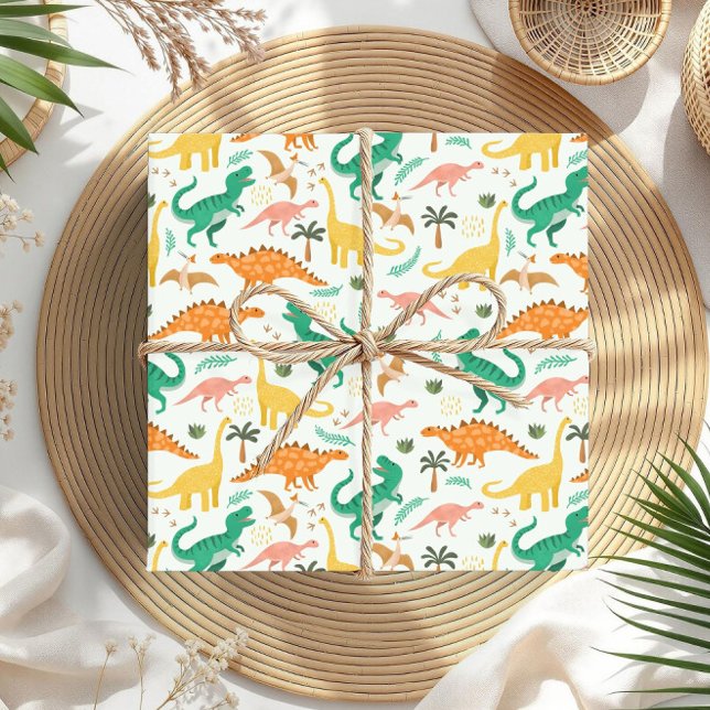 Boys Colourful Cute Dinosaur T-Rex Kids Birthday Wrapping Paper (Creator Uploaded)