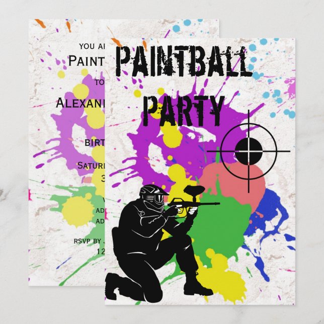 Boys Colourful Paintball 10th Birthday Party Invitation (Front/Back)