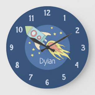 Boys Colourful Rocket Ship Space and Name Nursery Large Clock