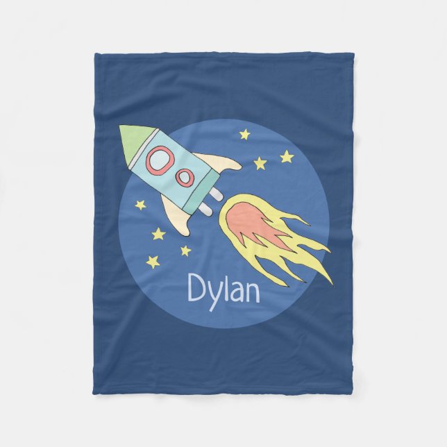 Boys Colourful Rocket Ship Space Galaxy and Name Fleece Blanket (Front)