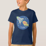 Boys Colourful Rocket Ship Space Galaxy and Name T-Shirt<br><div class="desc">This gorgeous kids design features a beautiful and colourful hand drawn rocket ship in outer space. The design also features a place for you to add your boys name. Perfect for any child!</div>