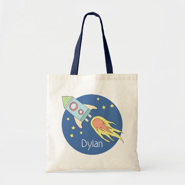Boys Colourful Rocket Ship Space Galaxy and Name Tote Bag (Front)
