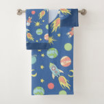 Boys Colourful Rocket Ship Space Pattern and Name Bath Towel Set<br><div class="desc">This gorgeous kids towel set features a beautiful and colourful hand drawn pattern in outer space,  with rocket ships,  astronauts,  planets and stars all in the mix. The design also features a place for you to add your boys name. Perfect for any toddler or child!</div>