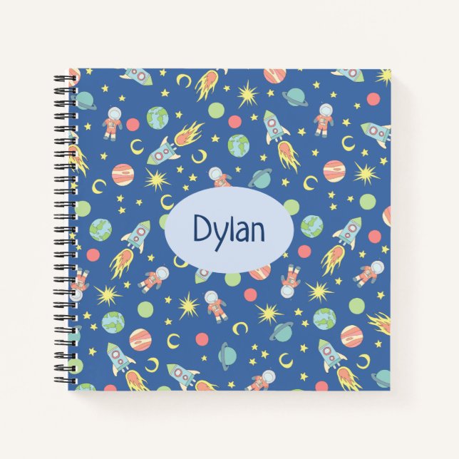 Boys Colourful Rocket Ship Space Pattern and Name Notebook (Front)
