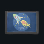 Boys Colourful Rocket Ship Space Pattern and Name Trifold Wallet<br><div class="desc">This gorgeous kids wallet features a beautiful and colourful hand drawn rocket ship in outer space. The design also features a place for you to add your boys name. Perfect for any toddler or child's first wallet!</div>