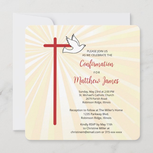 Boy's Confirmation Cross Dove Gold Rays Invitation (Front)