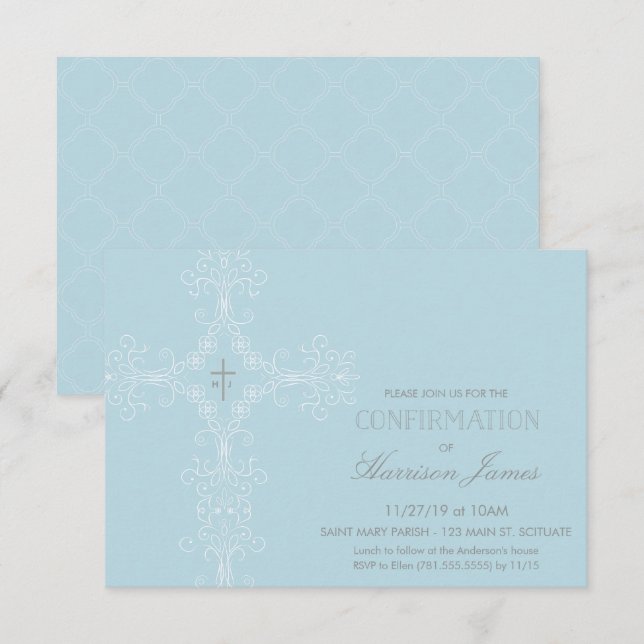Boy's Confirmation Invitation with Cross, Initials (Front/Back)