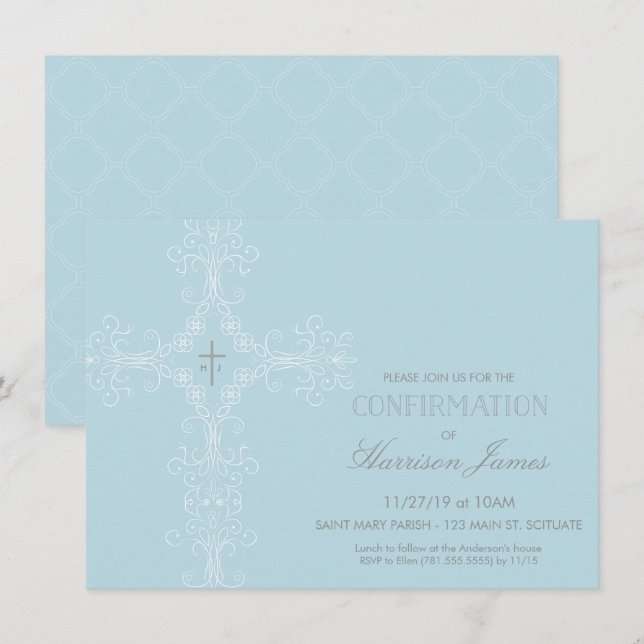 Boy's Confirmation Invitation with Cross, Initials (Front/Back)