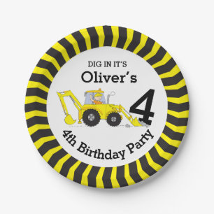 Boys construction 4th birthday customised plate